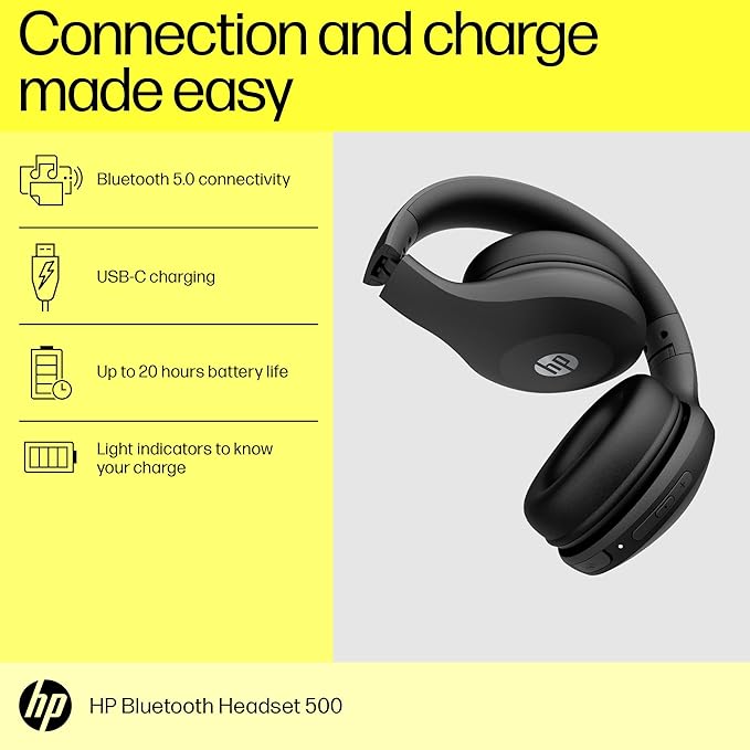 HP 500 Bluetooth Wireless Over Ear Headphones with Bluetooth 5.0 - 2X Speed - 4X Connectivity - with Mic - Water-Resistant Design and Up to 20 Hours Battery Life with 1-Year Warranty (2J875Aa