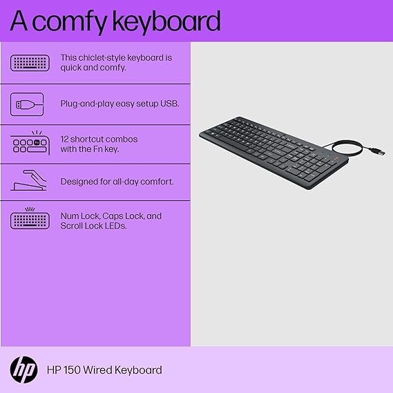 HP 150 Wired Keyboard- Quick- Comfy and Ergonomically Design- 12Fn Shortcut Keys- Plug and Play USB Connection and LED Indicator- 3 Years Warranty