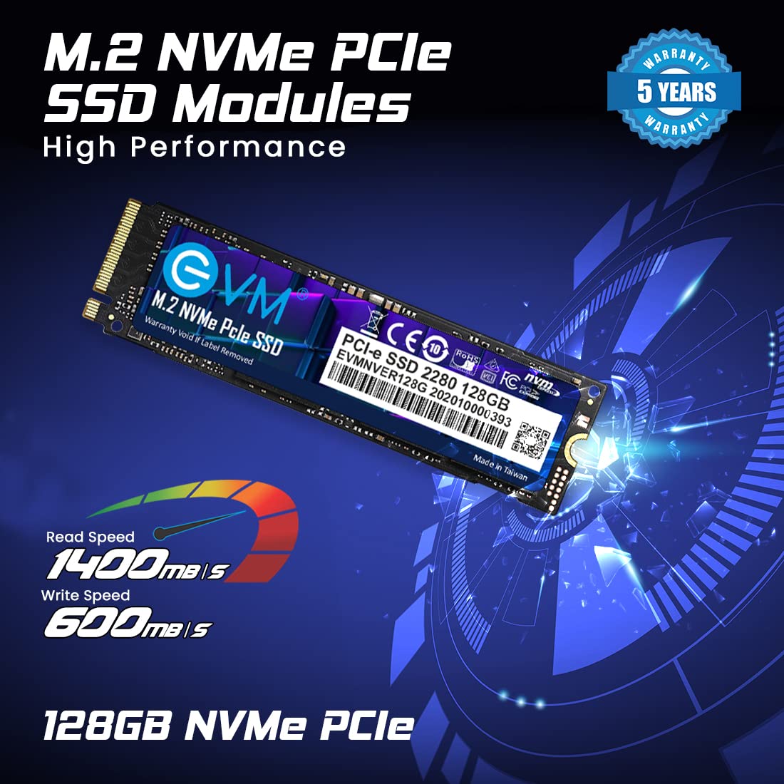 EVM 128GB Internal SSD - M.2 NVMe PCIe (2280) - High-Speed Performance Up to 1400MB/s Read & 600MB/s Write Speed with Low Power Consumption - Compatible with Gaming PCs & High-Performance Workstations- 5 Year Warranty