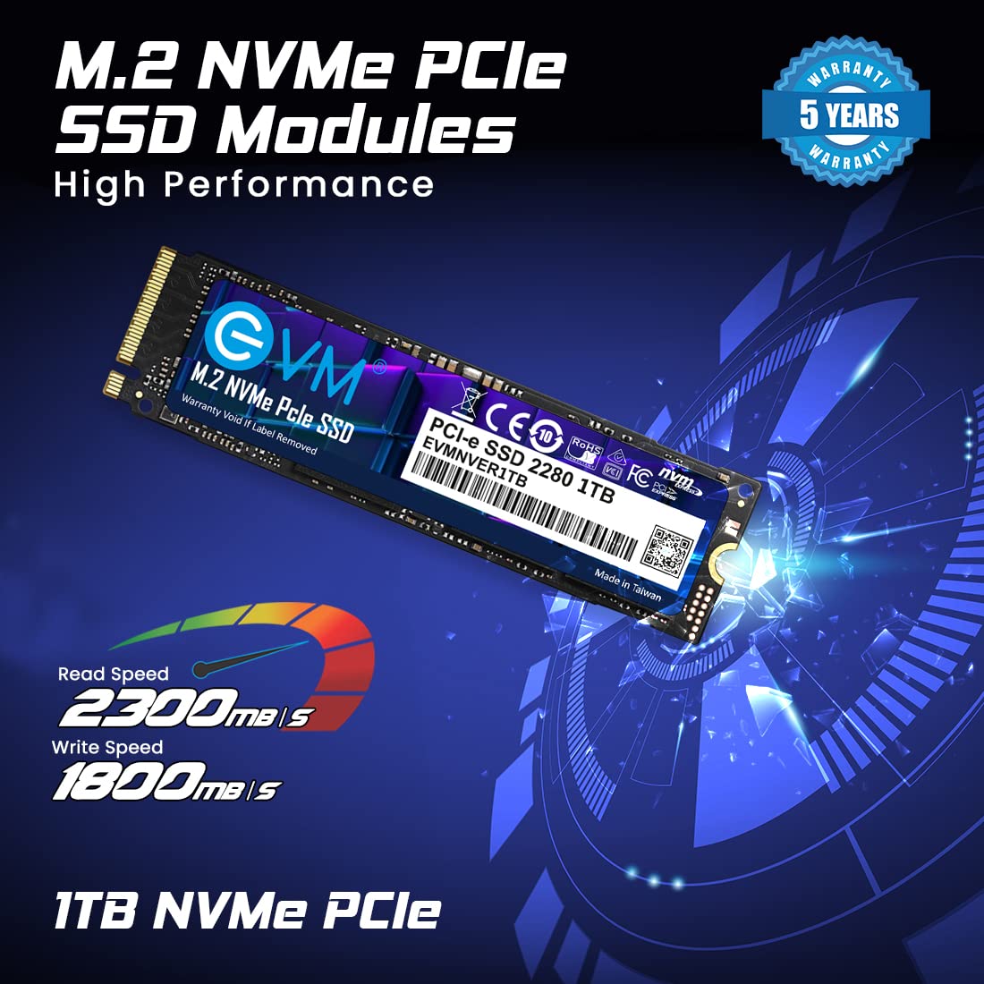 EVM 1TB Internal SSD - M.2 NVMe PCIe (2280) - High-Speed Performance Up to 2300MB/s Read & 1800MB/s Write Speed with Low Power Consumption - Compatible with Gaming PCs & High-Performance Workstations- 5 Year Warranty