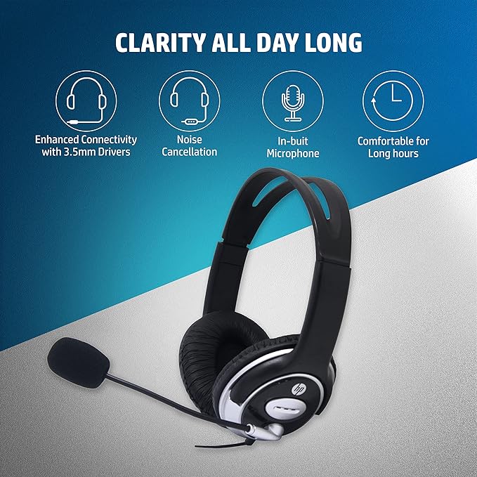 HP Wired On Ear Headphones With Mic With 3.5 Mm In-Built Noise Cancelling, Foldable And Adjustable For Laptop/Pc/Office/Home/ 1 Year Warranty-(B4B09Pa)