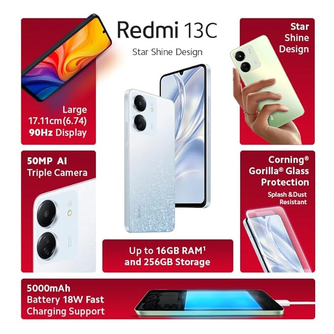 Redmi 13C (Starfrost White, 6GB RAM, 128GB Storage) | Powered by 4G MediaTek Helio G85 | 90Hz Display | 50MP AI Triple Camera