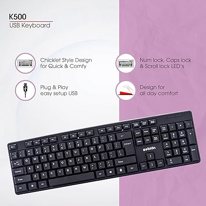 Zebion K500 USB Keyboard, Rugged Heavy-Duty Body, Tested with Over 5 Million Keystrokes,Clicky-Touch Feel, Ergonomic Design Comes with 102 Keys Including Rupee Key (Black)