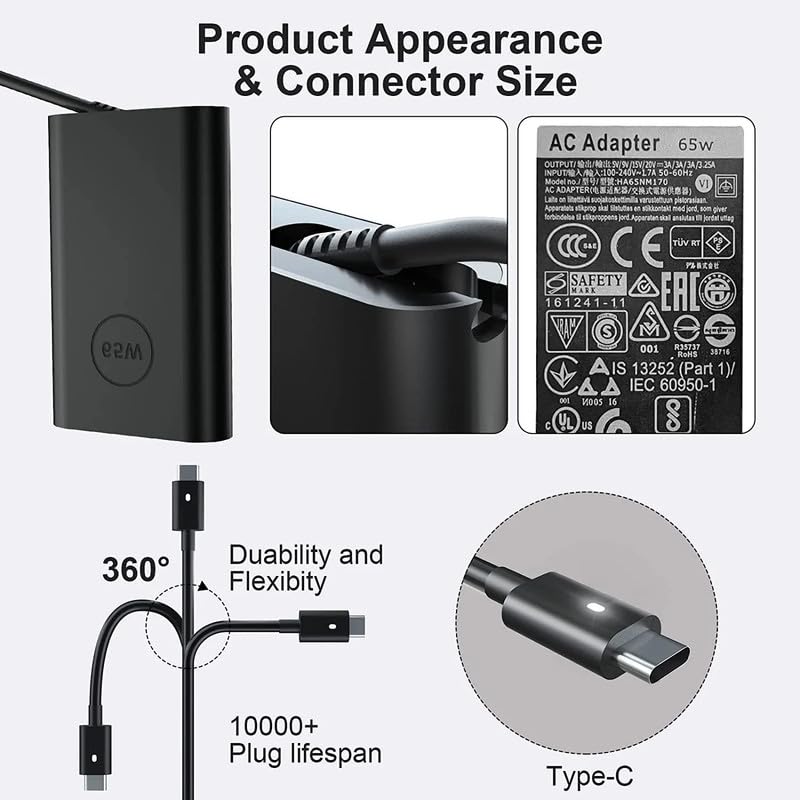 Dell Original 65W USB-C AC Adapter with Power Cord | Part No: 450-BFXK | 1-Year Warrant